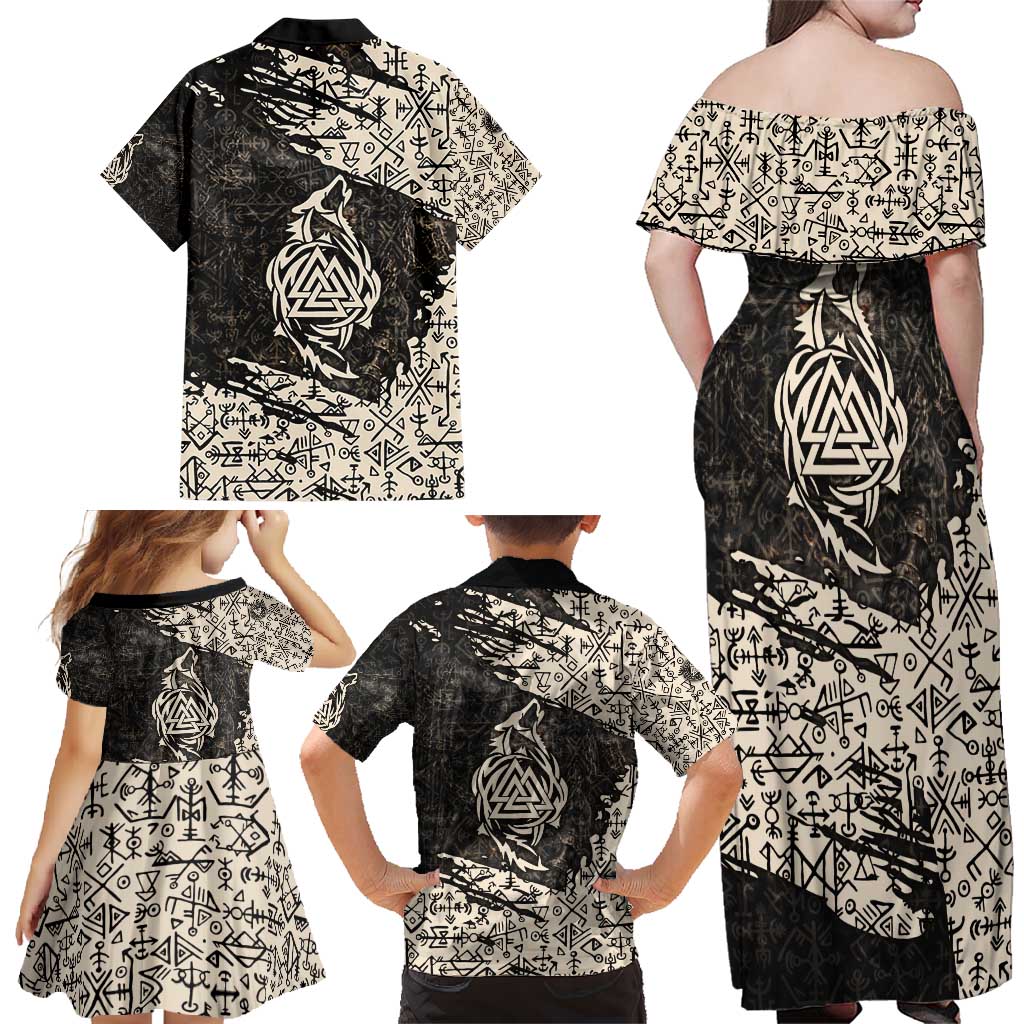 Fenrir Family Matching Off Shoulder Maxi Dress and Hawaiian Shirt with Norse Symbols and Howling Wolf Viking Mythology Tribute - Wonder Print Shop