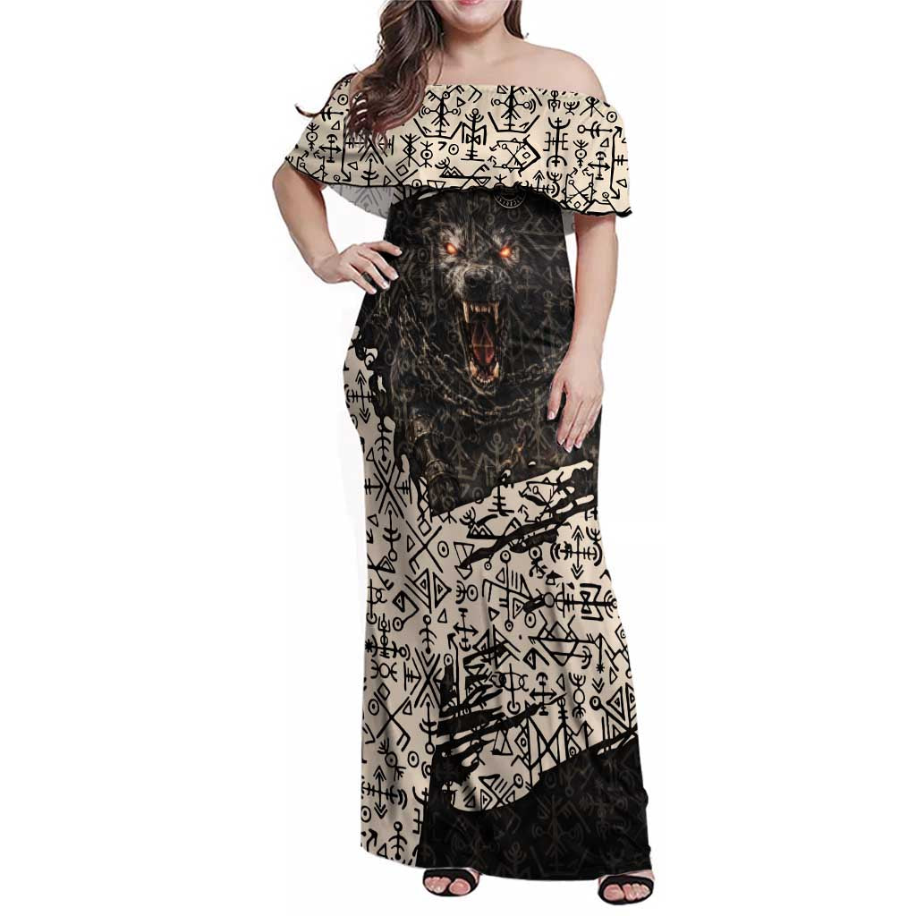 Fenrir Family Matching Off Shoulder Maxi Dress and Hawaiian Shirt with Norse Symbols and Howling Wolf Viking Mythology Tribute - Wonder Print Shop