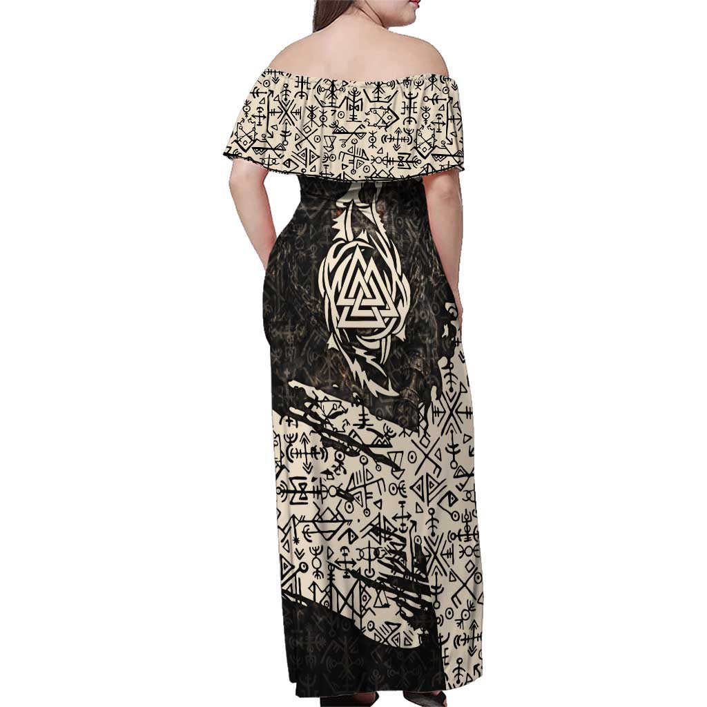 Fenrir Family Matching Off Shoulder Maxi Dress and Hawaiian Shirt with Norse Symbols and Howling Wolf Viking Mythology Tribute - Wonder Print Shop