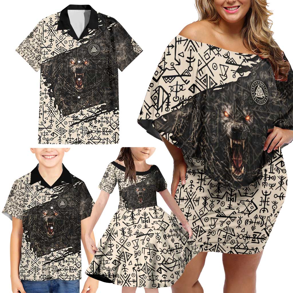 Fenrir Family Matching Off Shoulder Short Dress and Hawaiian Shirt with Norse Symbols and Howling Wolf Viking Mythology Tribute - Wonder Print Shop