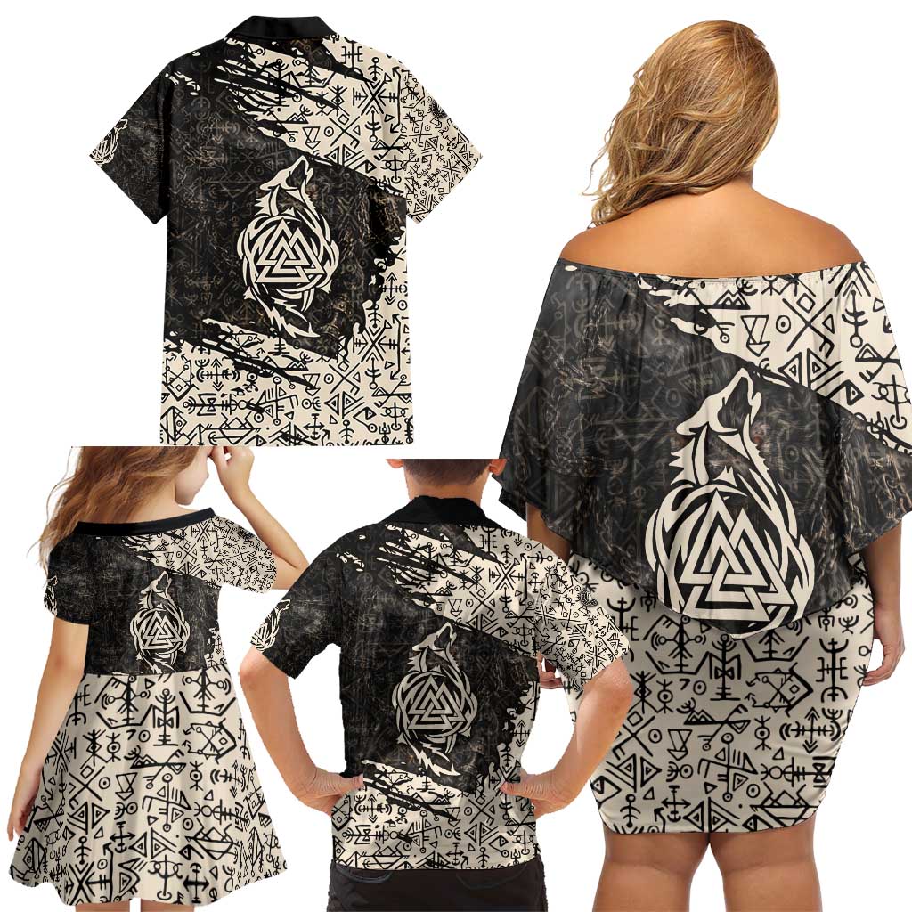 Fenrir Family Matching Off Shoulder Short Dress and Hawaiian Shirt with Norse Symbols and Howling Wolf Viking Mythology Tribute - Wonder Print Shop