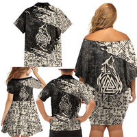 Fenrir Family Matching Off Shoulder Short Dress and Hawaiian Shirt with Norse Symbols and Howling Wolf Viking Mythology Tribute - Wonder Print Shop
