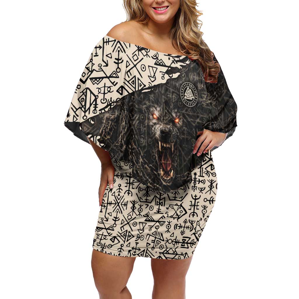Fenrir Family Matching Off Shoulder Short Dress and Hawaiian Shirt with Norse Symbols and Howling Wolf Viking Mythology Tribute - Wonder Print Shop