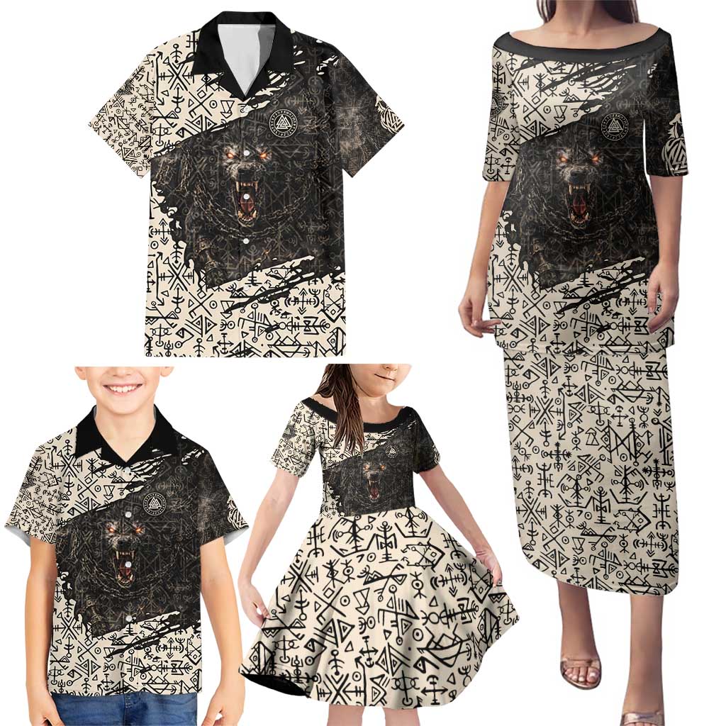 Fenrir Family Matching Puletasi and Hawaiian Shirt with Norse Symbols and Howling Wolf Viking Mythology Tribute - Wonder Print Shop