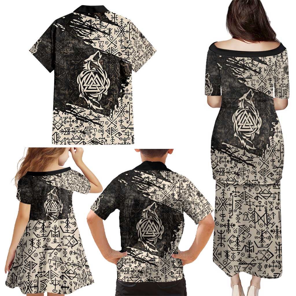 Fenrir Family Matching Puletasi and Hawaiian Shirt with Norse Symbols and Howling Wolf Viking Mythology Tribute - Wonder Print Shop