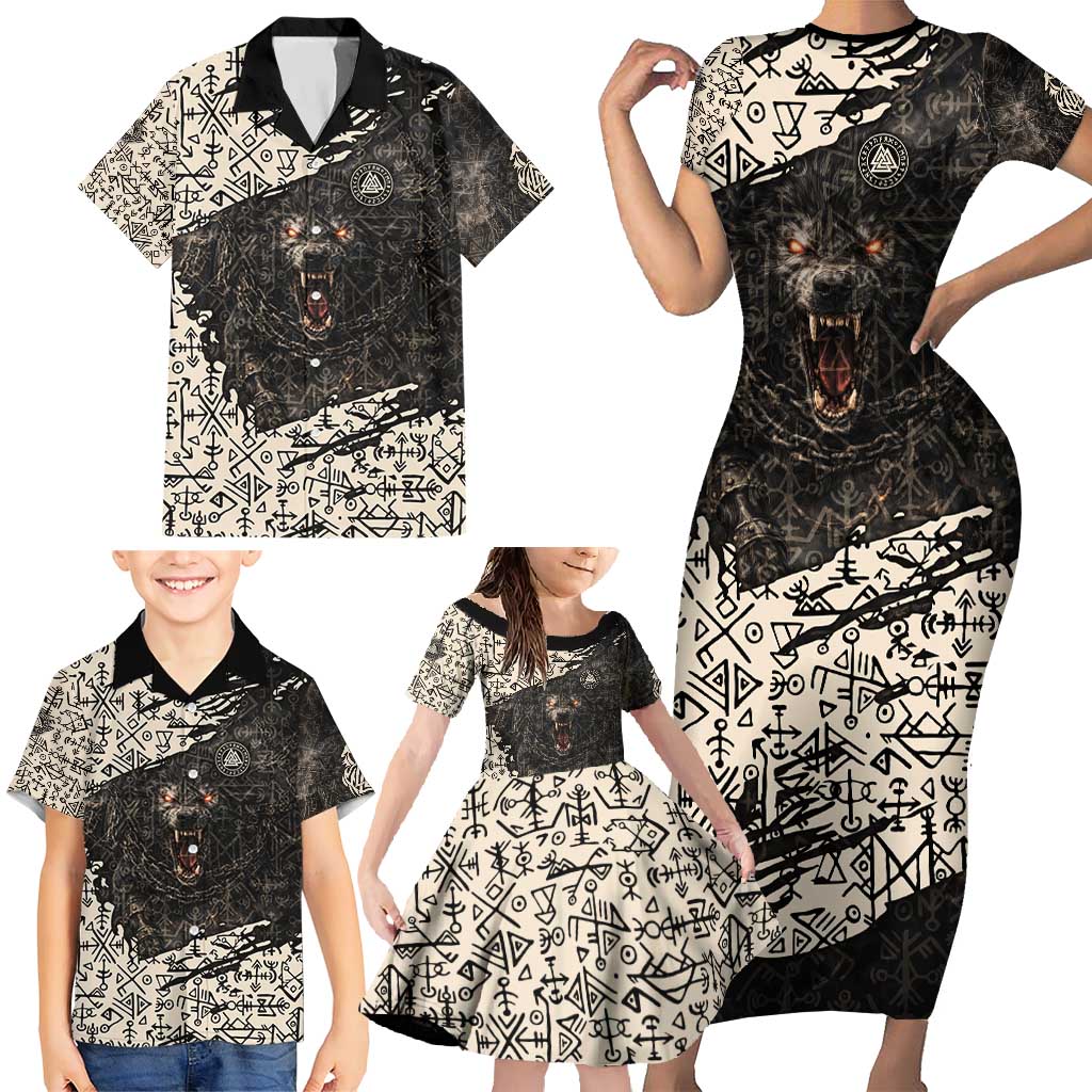 Fenrir Family Matching Short Sleeve Bodycon Dress and Hawaiian Shirt with Norse Symbols and Howling Wolf Viking Mythology Tribute - Wonder Print Shop