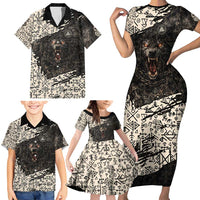 Fenrir Family Matching Short Sleeve Bodycon Dress and Hawaiian Shirt with Norse Symbols and Howling Wolf Viking Mythology Tribute - Wonder Print Shop