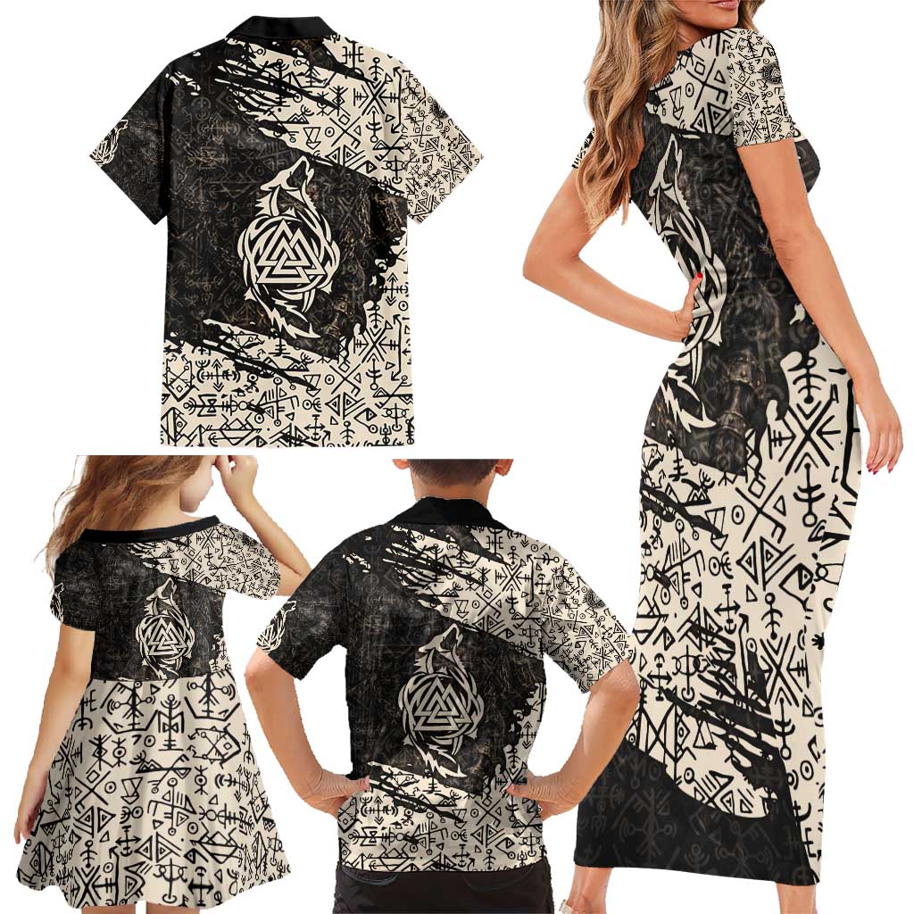 Fenrir Family Matching Short Sleeve Bodycon Dress and Hawaiian Shirt with Norse Symbols and Howling Wolf Viking Mythology Tribute - Wonder Print Shop