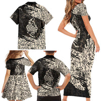 Fenrir Family Matching Short Sleeve Bodycon Dress and Hawaiian Shirt with Norse Symbols and Howling Wolf Viking Mythology Tribute - Wonder Print Shop