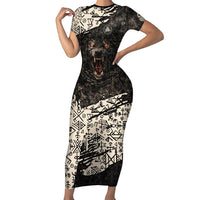 Fenrir Family Matching Short Sleeve Bodycon Dress and Hawaiian Shirt with Norse Symbols and Howling Wolf Viking Mythology Tribute - Wonder Print Shop