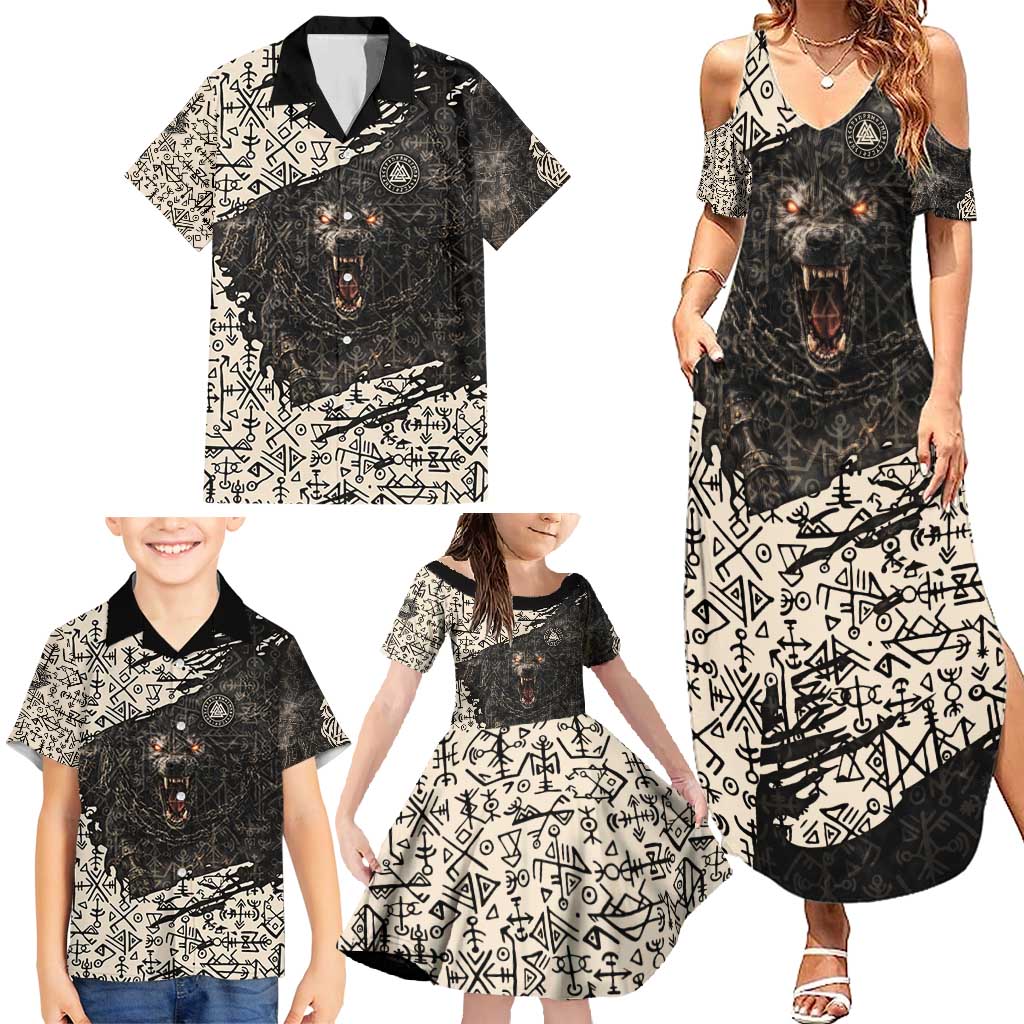 Fenrir Family Matching Summer Maxi Dress and Hawaiian Shirt with Norse Symbols and Howling Wolf Viking Mythology Tribute - Wonder Print Shop