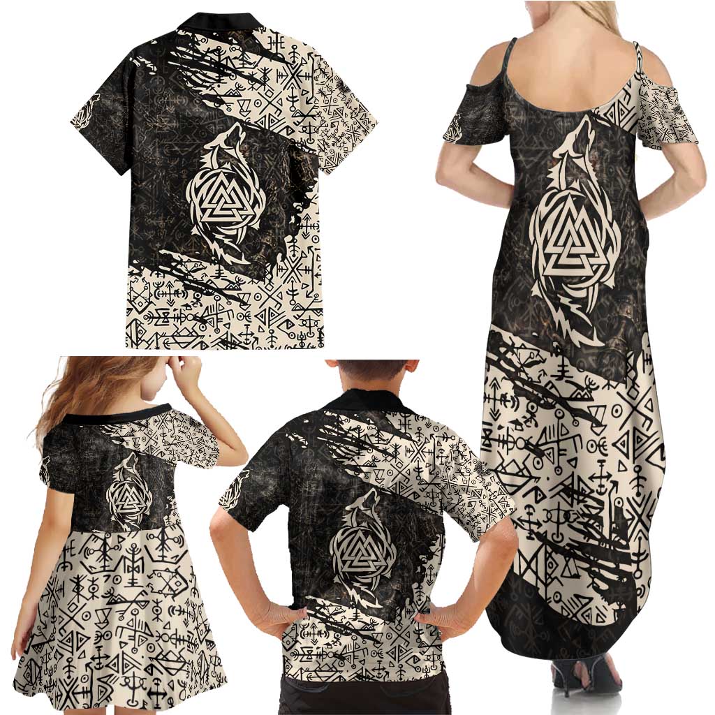 Fenrir Family Matching Summer Maxi Dress and Hawaiian Shirt with Norse Symbols and Howling Wolf Viking Mythology Tribute - Wonder Print Shop