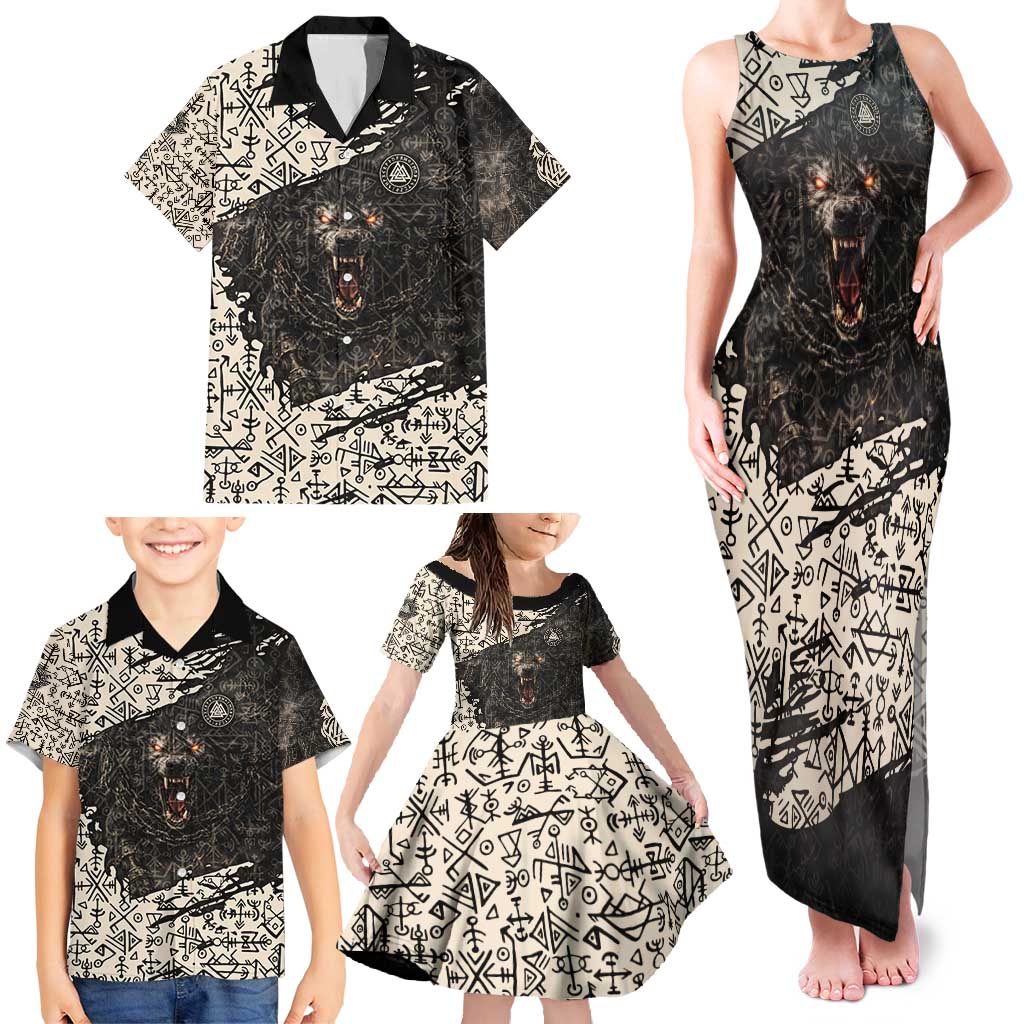 Fenrir Family Matching Tank Maxi Dress and Hawaiian Shirt with Norse Symbols and Howling Wolf Viking Mythology Tribute - Wonder Print Shop