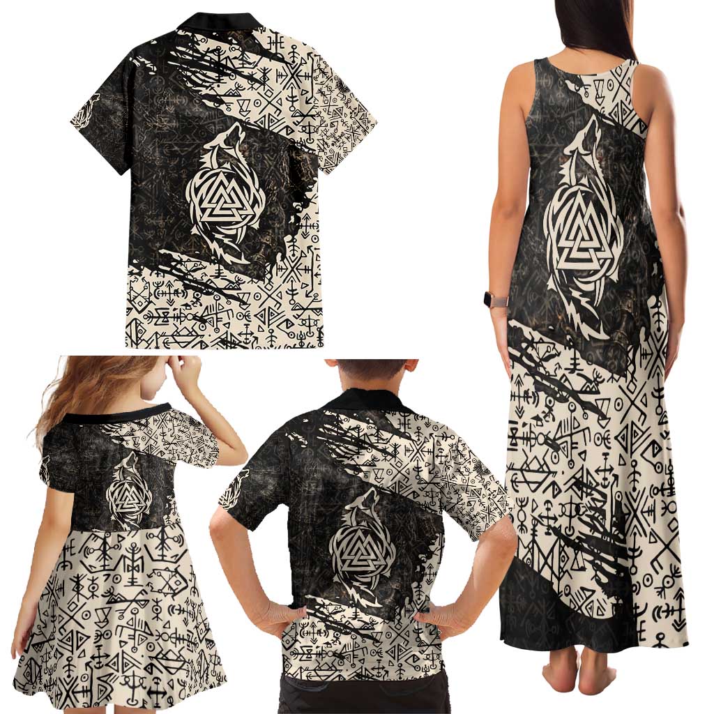 Fenrir Family Matching Tank Maxi Dress and Hawaiian Shirt with Norse Symbols and Howling Wolf Viking Mythology Tribute - Wonder Print Shop
