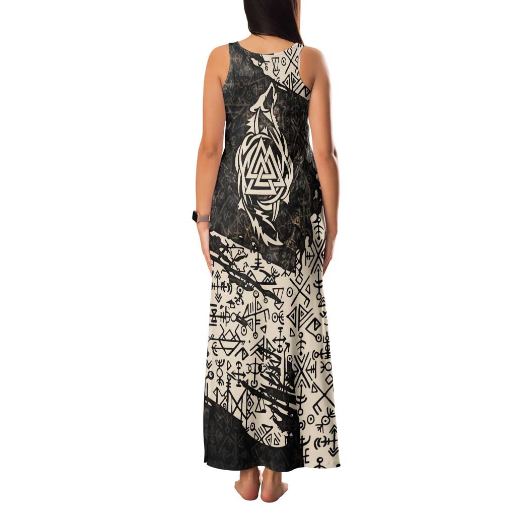 Fenrir Family Matching Tank Maxi Dress and Hawaiian Shirt with Norse Symbols and Howling Wolf Viking Mythology Tribute - Wonder Print Shop