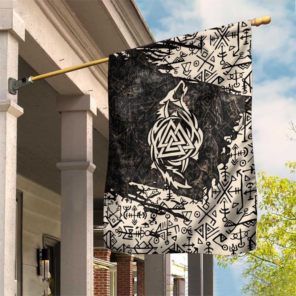 Fenrir Garden Flag with Norse Symbols and Howling Wolf Viking Mythology Tribute - Wonder Print Shop