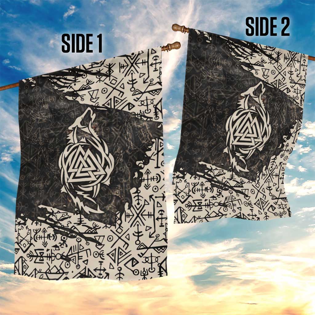 Fenrir Garden Flag with Norse Symbols and Howling Wolf Viking Mythology Tribute - Wonder Print Shop