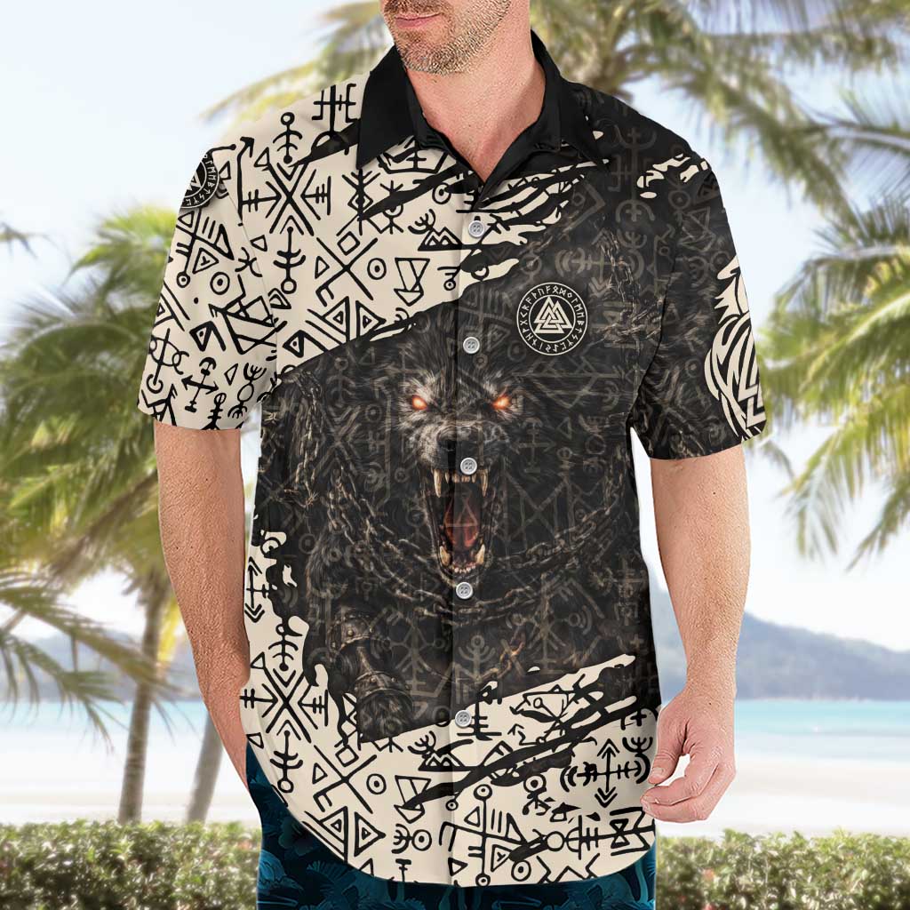 Fenrir Hawaiian Shirt with Norse Symbols and Howling Wolf Viking Mythology Tribute - Wonder Print Shop