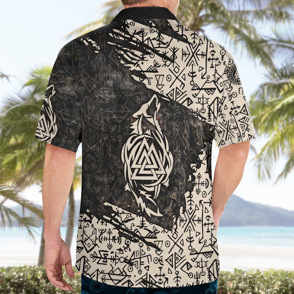 Fenrir Hawaiian Shirt with Norse Symbols and Howling Wolf Viking Mythology Tribute - Wonder Print Shop