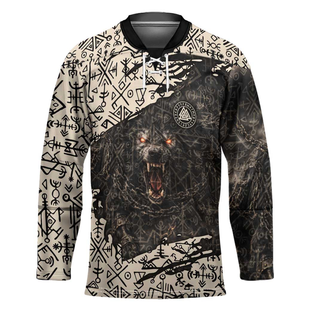 Fenrir Hockey Jersey with Norse Symbols and Howling Wolf Viking Mythology Tribute - Wonder Print Shop
