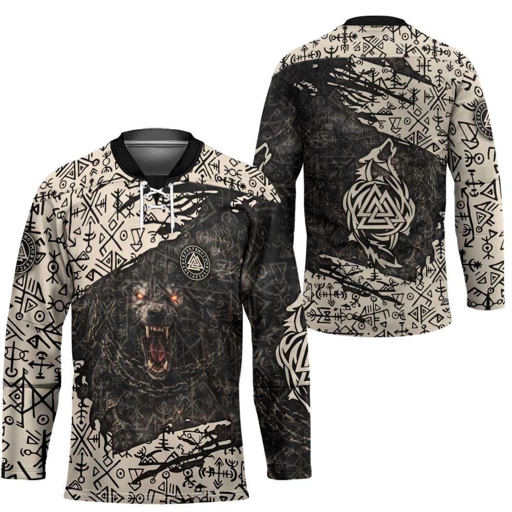 Fenrir Hockey Jersey with Norse Symbols and Howling Wolf Viking Mythology Tribute - Wonder Print Shop