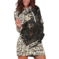 Fenrir Hoodie Dress with Norse Symbols and Howling Wolf Viking Mythology Tribute - Wonder Print Shop