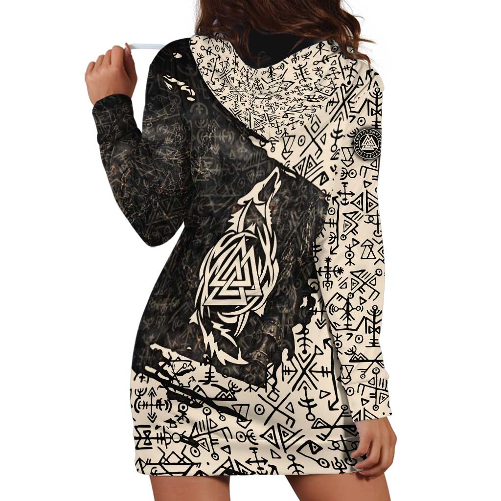 Fenrir Hoodie Dress with Norse Symbols and Howling Wolf Viking Mythology Tribute - Wonder Print Shop
