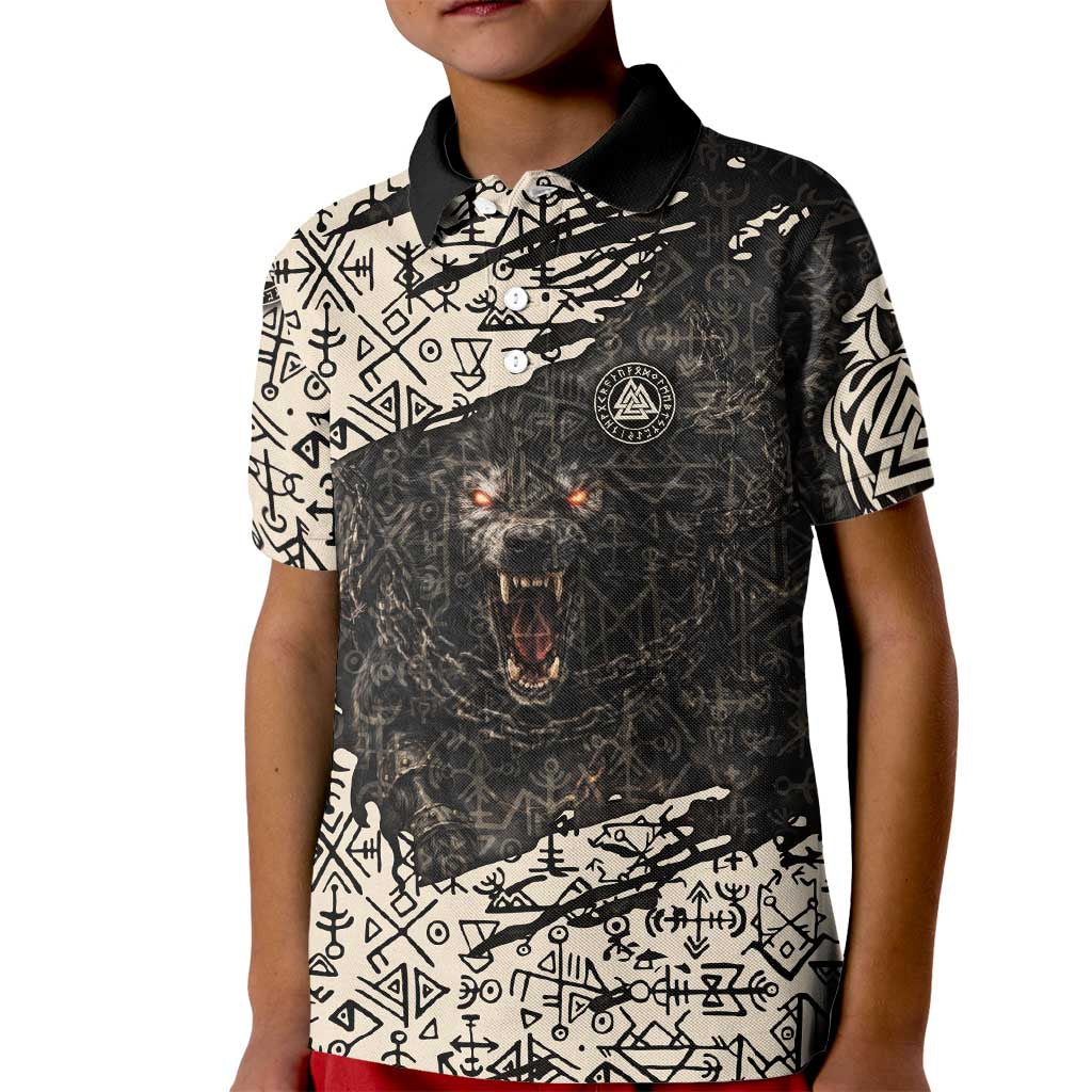 Fenrir Kid Polo Shirt with Norse Symbols and Howling Wolf Viking Mythology Tribute - Wonder Print Shop