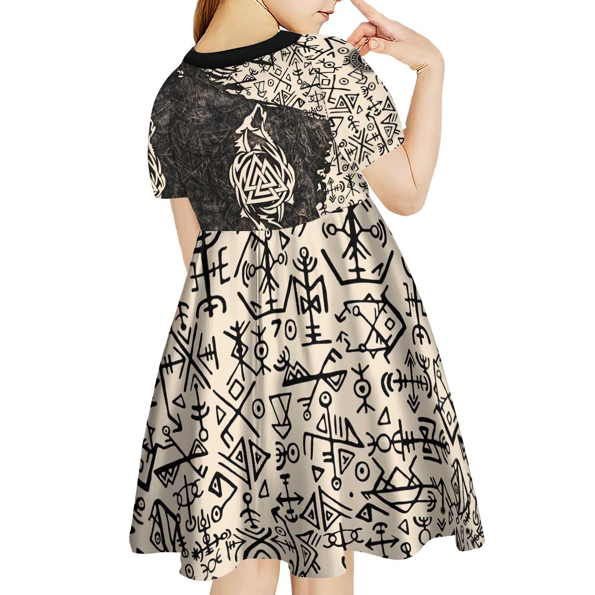 Fenrir Kid Short Sleeve Dress with Norse Symbols and Howling Wolf Viking Mythology Tribute - Wonder Print Shop