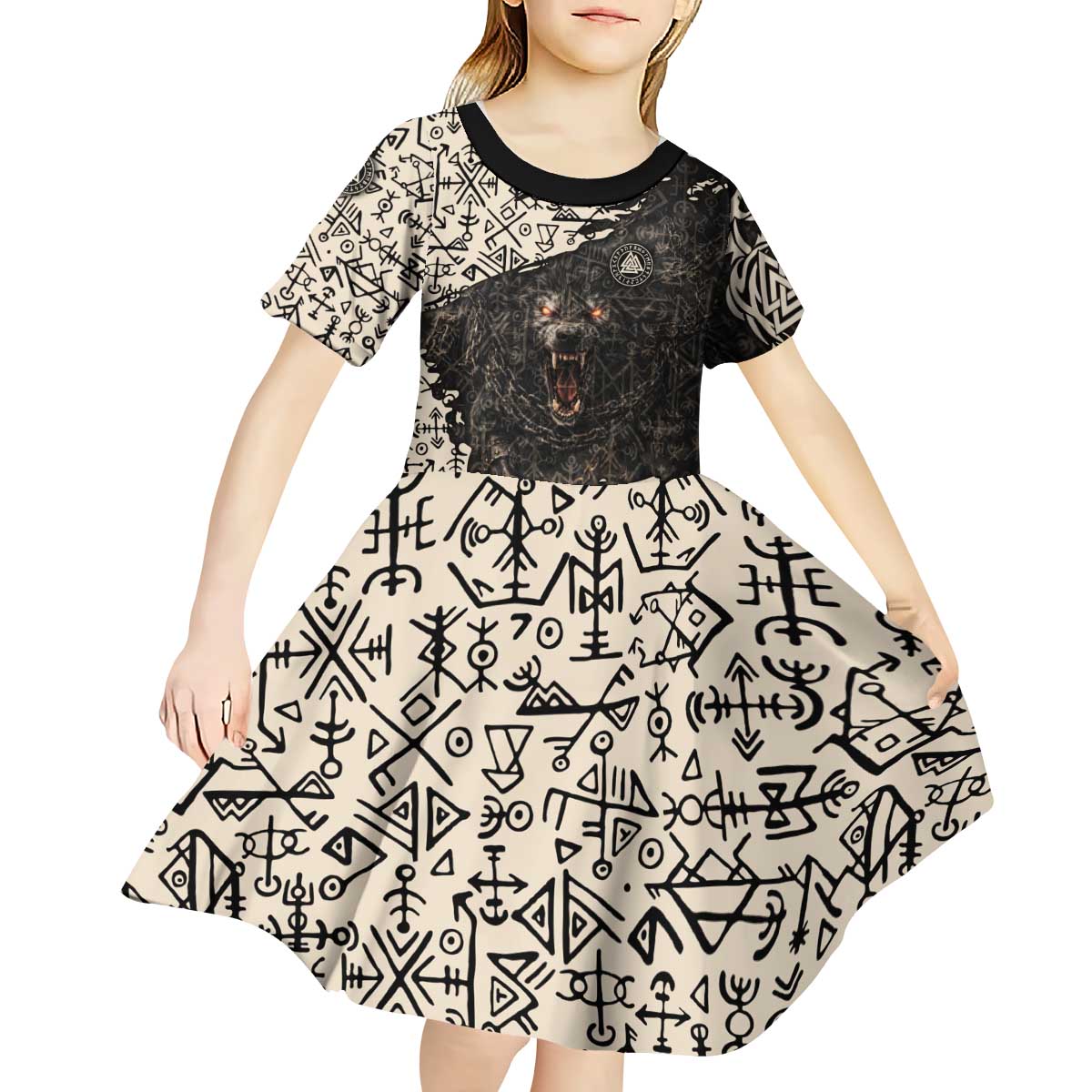 Fenrir Kid Short Sleeve Dress with Norse Symbols and Howling Wolf Viking Mythology Tribute - Wonder Print Shop