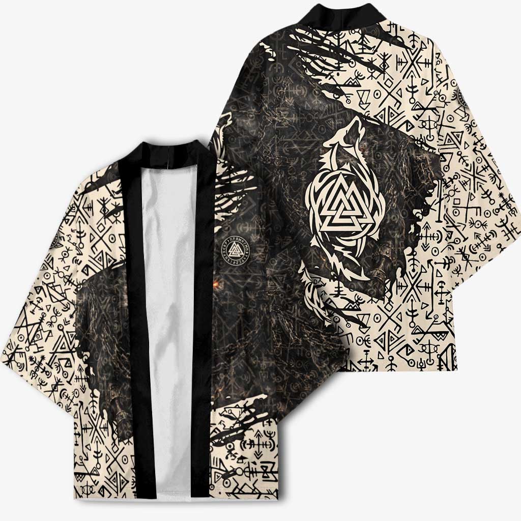 Fenrir Kimono with Norse Symbols and Howling Wolf Viking Mythology Tribute - Wonder Print Shop