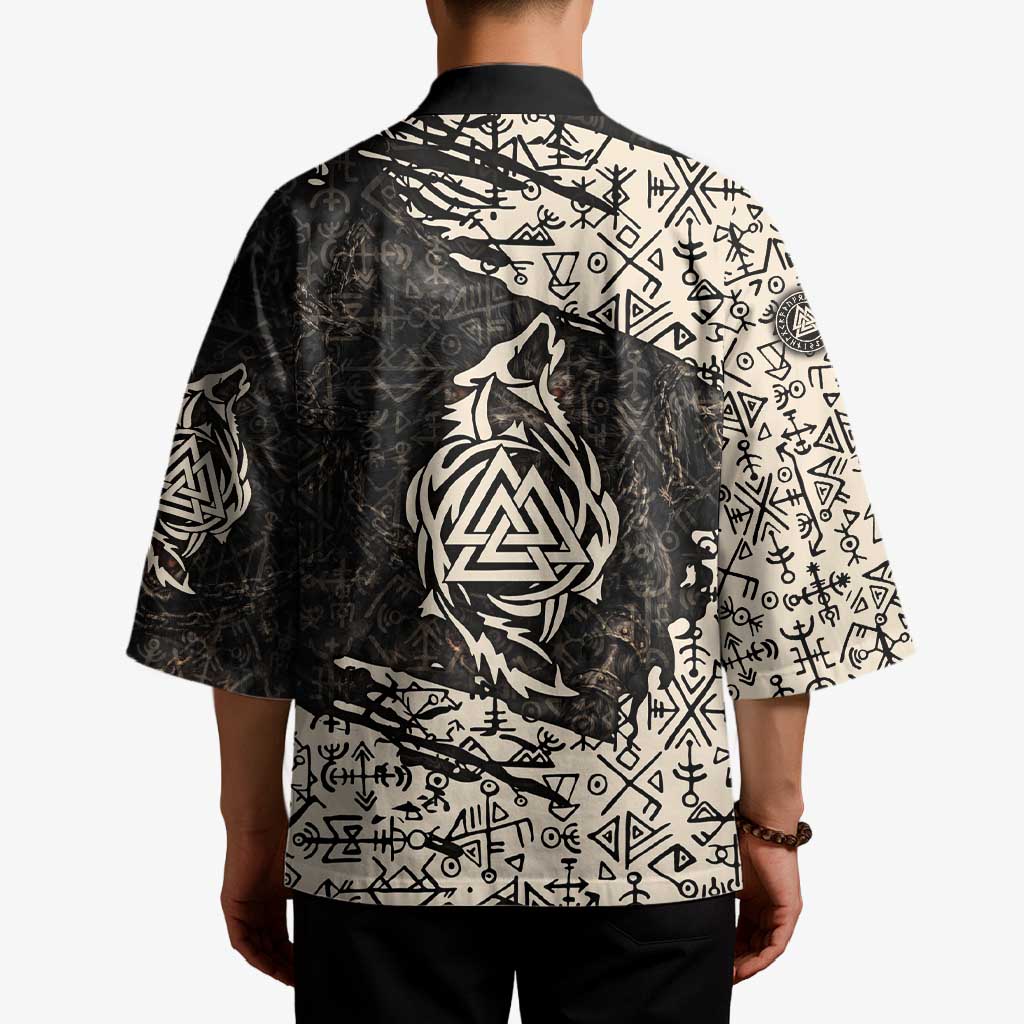 Fenrir Kimono with Norse Symbols and Howling Wolf Viking Mythology Tribute - Wonder Print Shop