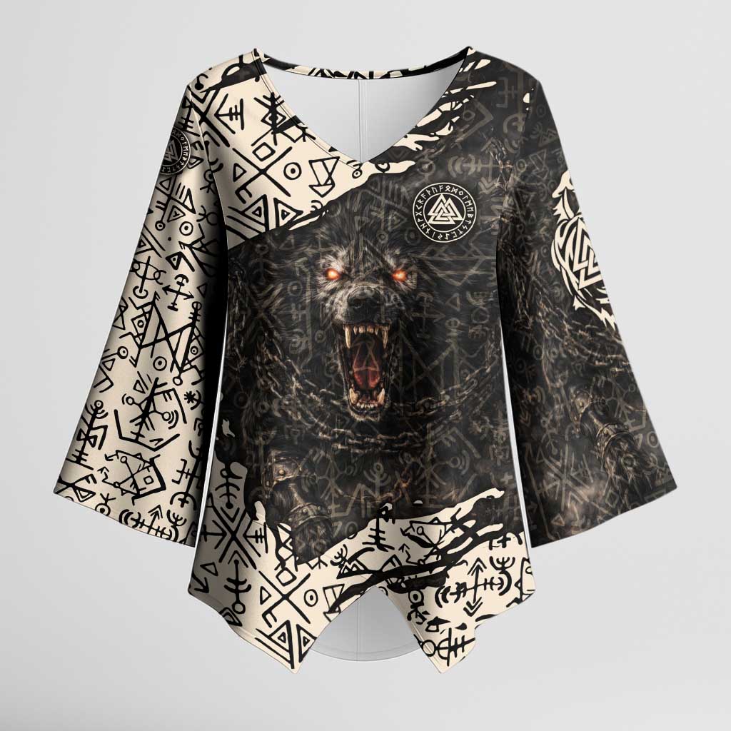 Fenrir Kimono Sleeve Blouse with Norse Symbols and Howling Wolf Viking Mythology Tribute - Wonder Print Shop