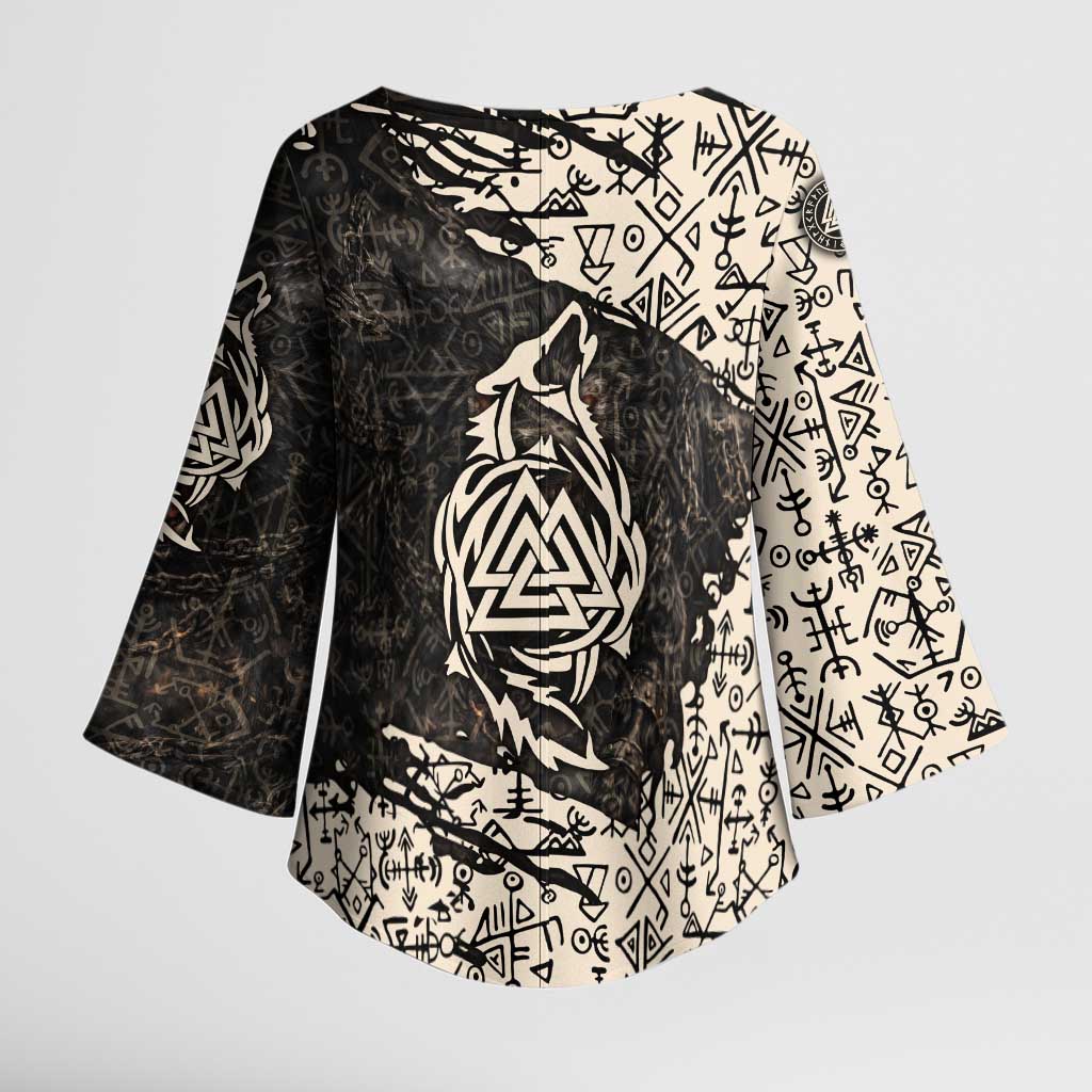 Fenrir Kimono Sleeve Blouse with Norse Symbols and Howling Wolf Viking Mythology Tribute - Wonder Print Shop