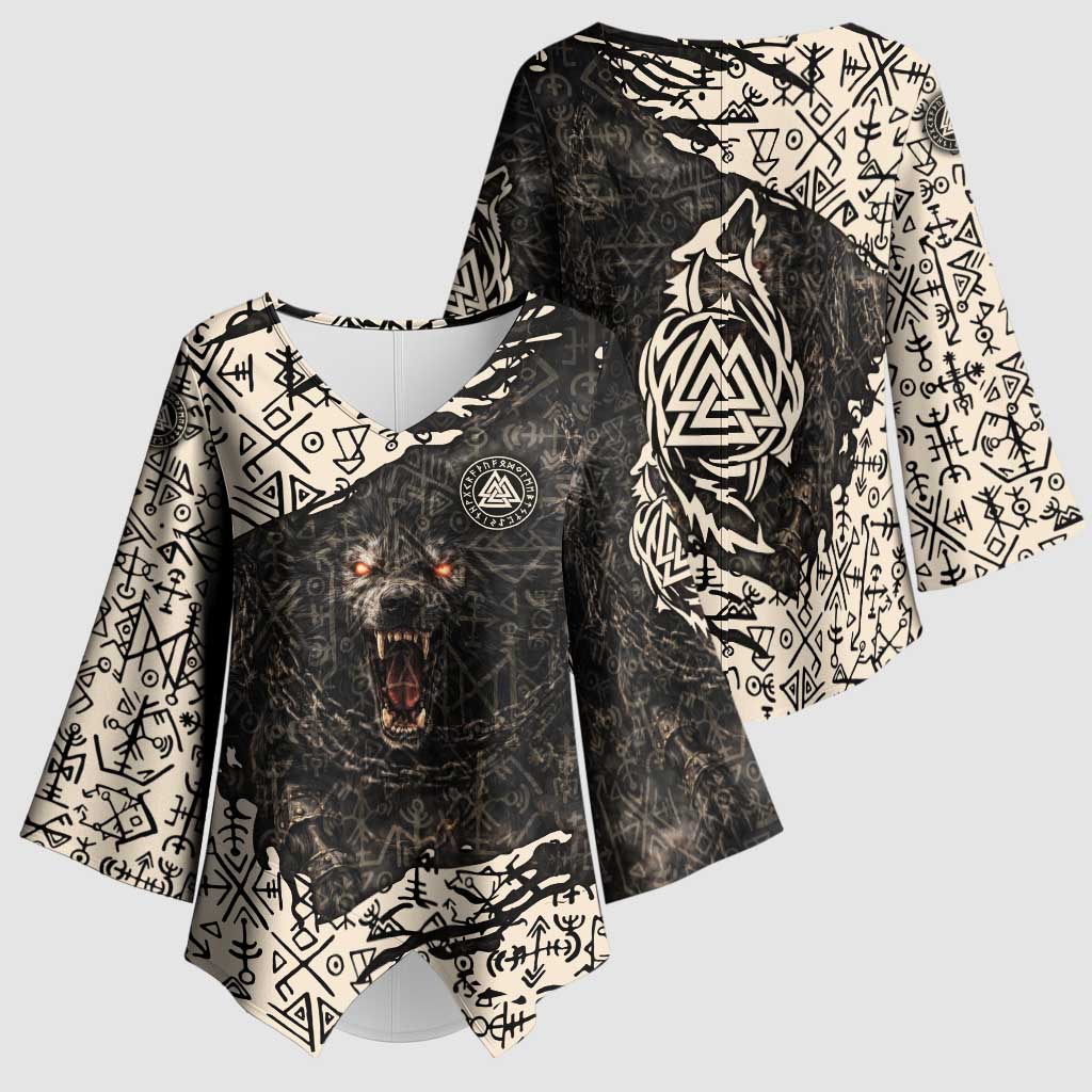 Fenrir Kimono Sleeve Blouse with Norse Symbols and Howling Wolf Viking Mythology Tribute - Wonder Print Shop