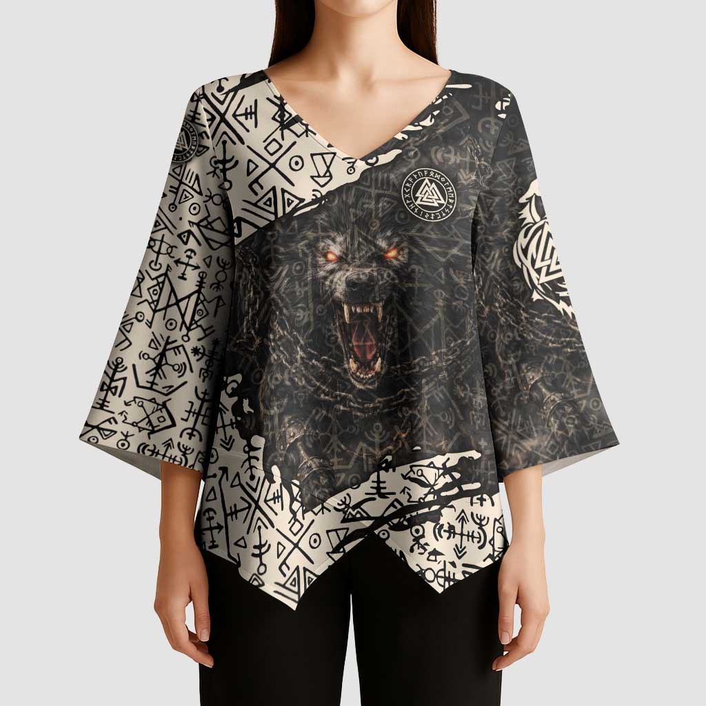 Fenrir Kimono Sleeve Blouse with Norse Symbols and Howling Wolf Viking Mythology Tribute - Wonder Print Shop