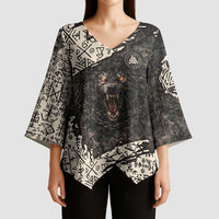 Fenrir Kimono Sleeve Blouse with Norse Symbols and Howling Wolf Viking Mythology Tribute - Wonder Print Shop