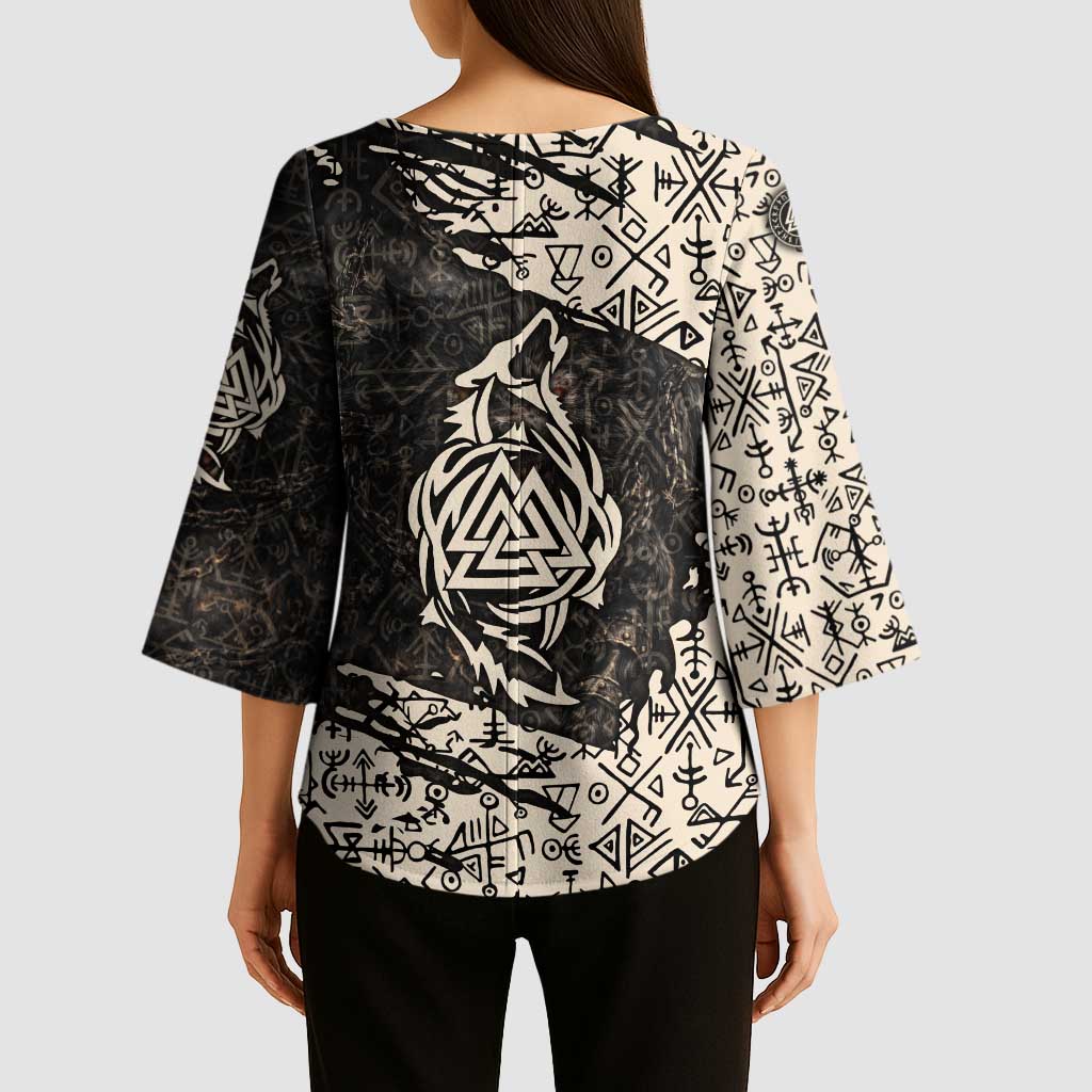 Fenrir Kimono Sleeve Blouse with Norse Symbols and Howling Wolf Viking Mythology Tribute - Wonder Print Shop