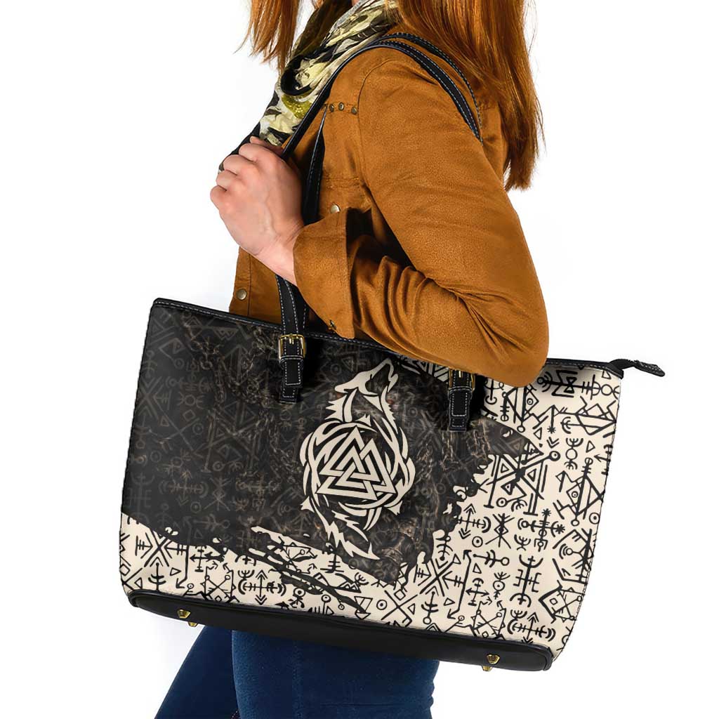 Fenrir Leather Tote Bag with Norse Symbols and Howling Wolf Viking Mythology Tribute - Wonder Print Shop