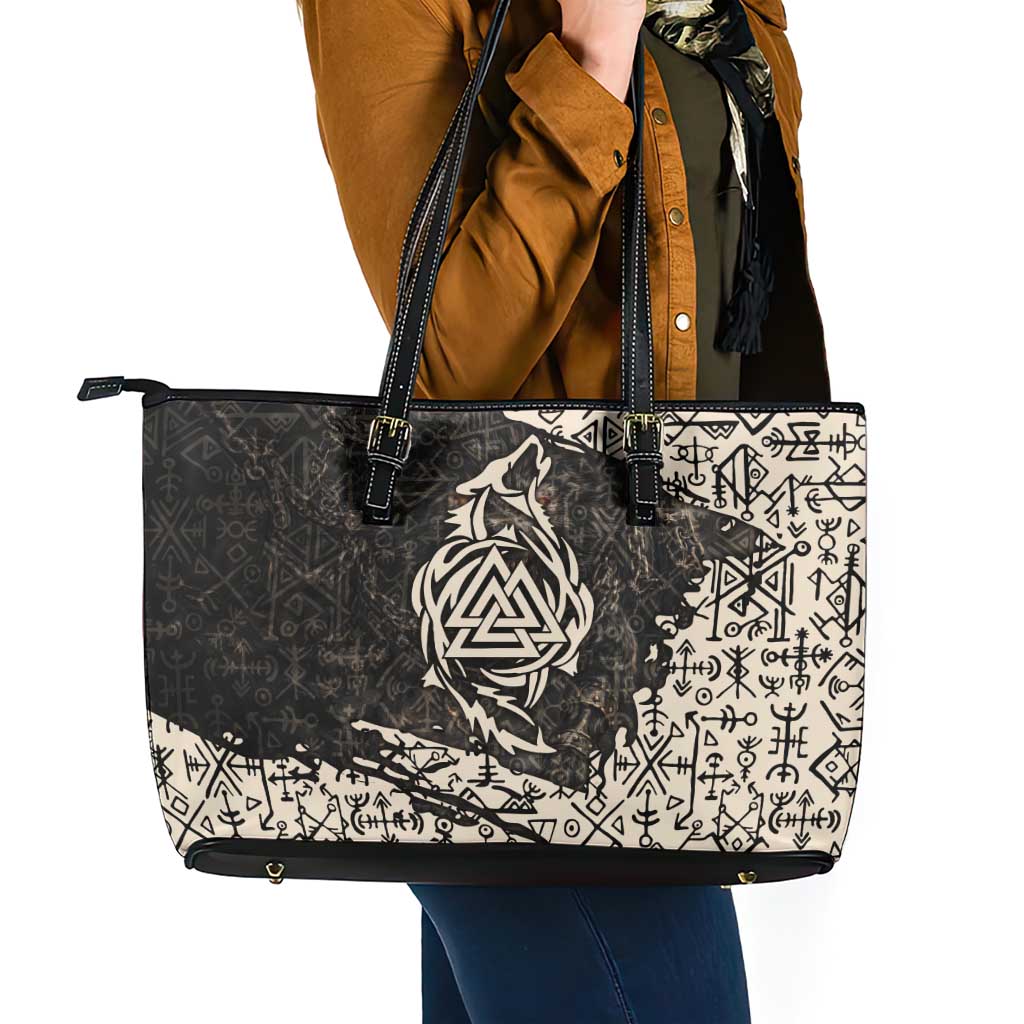 Fenrir Leather Tote Bag with Norse Symbols and Howling Wolf Viking Mythology Tribute - Wonder Print Shop