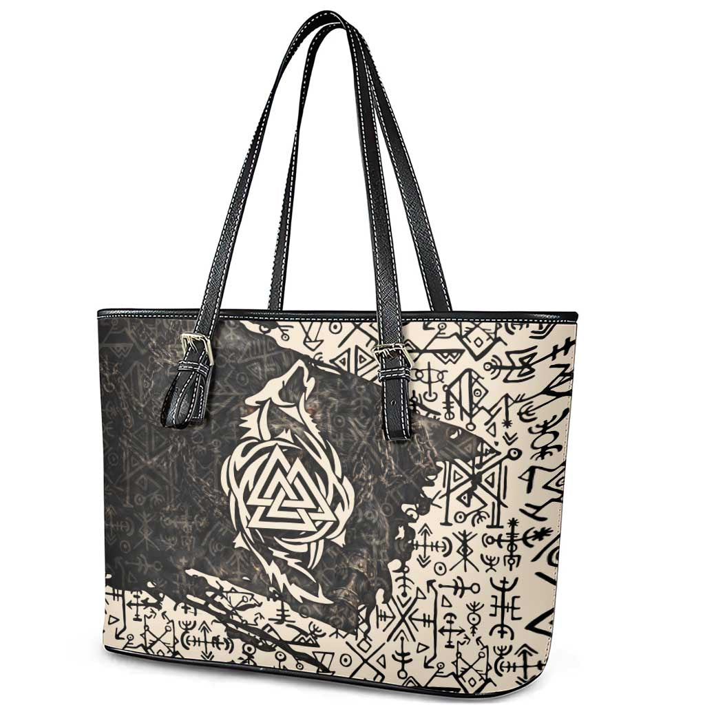 Fenrir Leather Tote Bag with Norse Symbols and Howling Wolf Viking Mythology Tribute - Wonder Print Shop