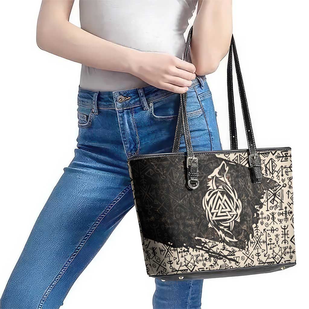 Fenrir Leather Tote Bag with Norse Symbols and Howling Wolf Viking Mythology Tribute - Wonder Print Shop