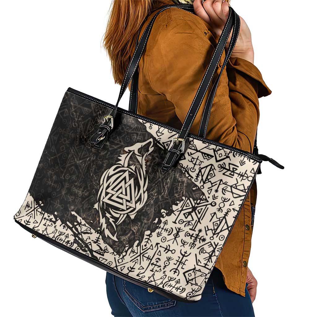 Fenrir Leather Tote Bag with Norse Symbols and Howling Wolf Viking Mythology Tribute - Wonder Print Shop