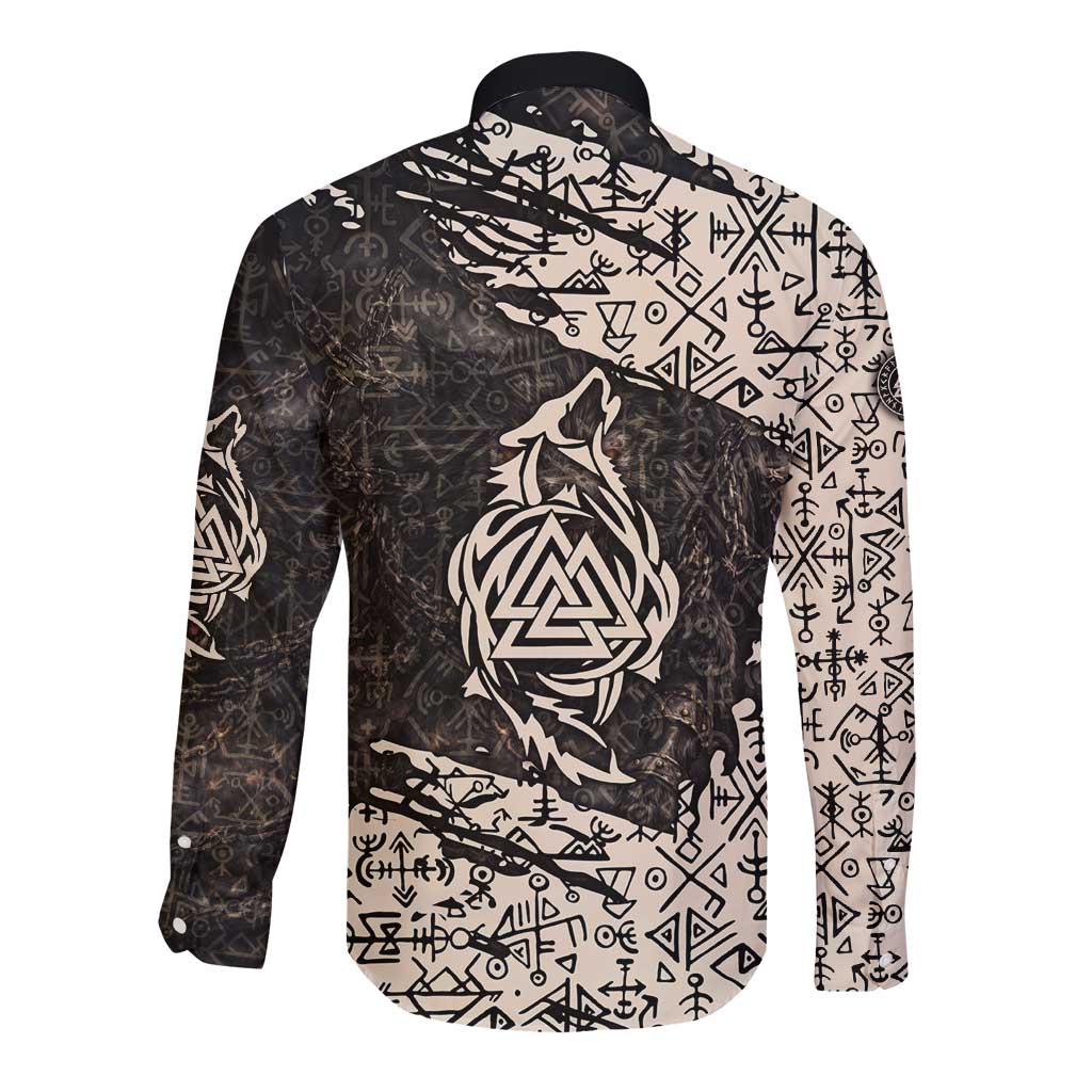 Fenrir Long Sleeve Button Shirt with Norse Symbols and Howling Wolf Viking Mythology Tribute - Wonder Print Shop