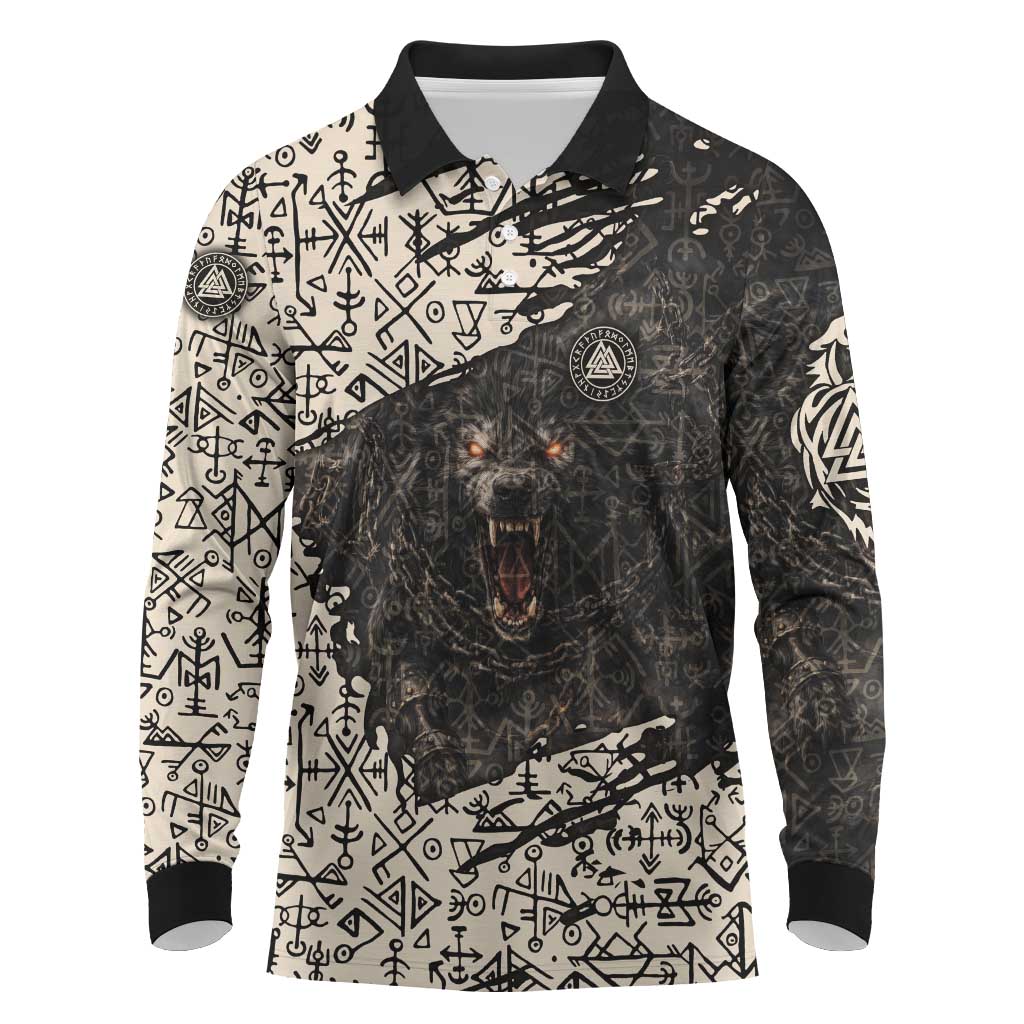 Fenrir Long Sleeve Polo Shirt with Norse Symbols and Howling Wolf Viking Mythology Tribute - Wonder Print Shop