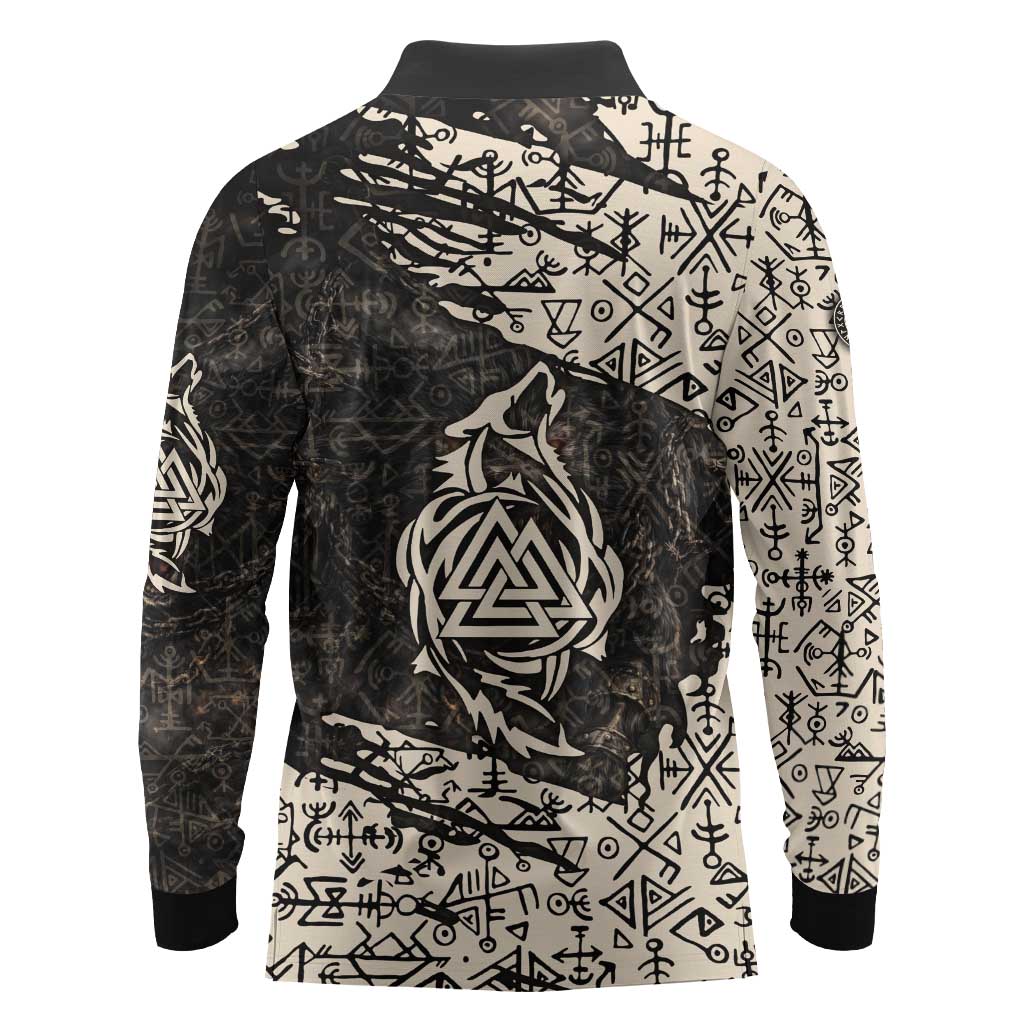 Fenrir Long Sleeve Polo Shirt with Norse Symbols and Howling Wolf Viking Mythology Tribute - Wonder Print Shop