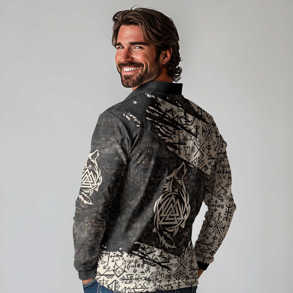 Fenrir Long Sleeve Polo Shirt with Norse Symbols and Howling Wolf Viking Mythology Tribute - Wonder Print Shop