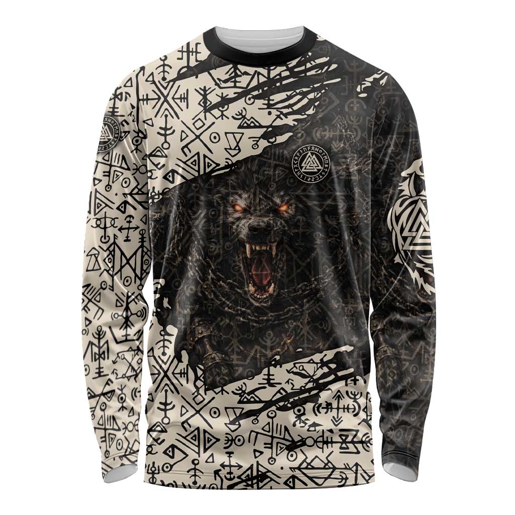 Fenrir Long Sleeve Shirt with Norse Symbols and Howling Wolf Viking Mythology Tribute - Wonder Print Shop
