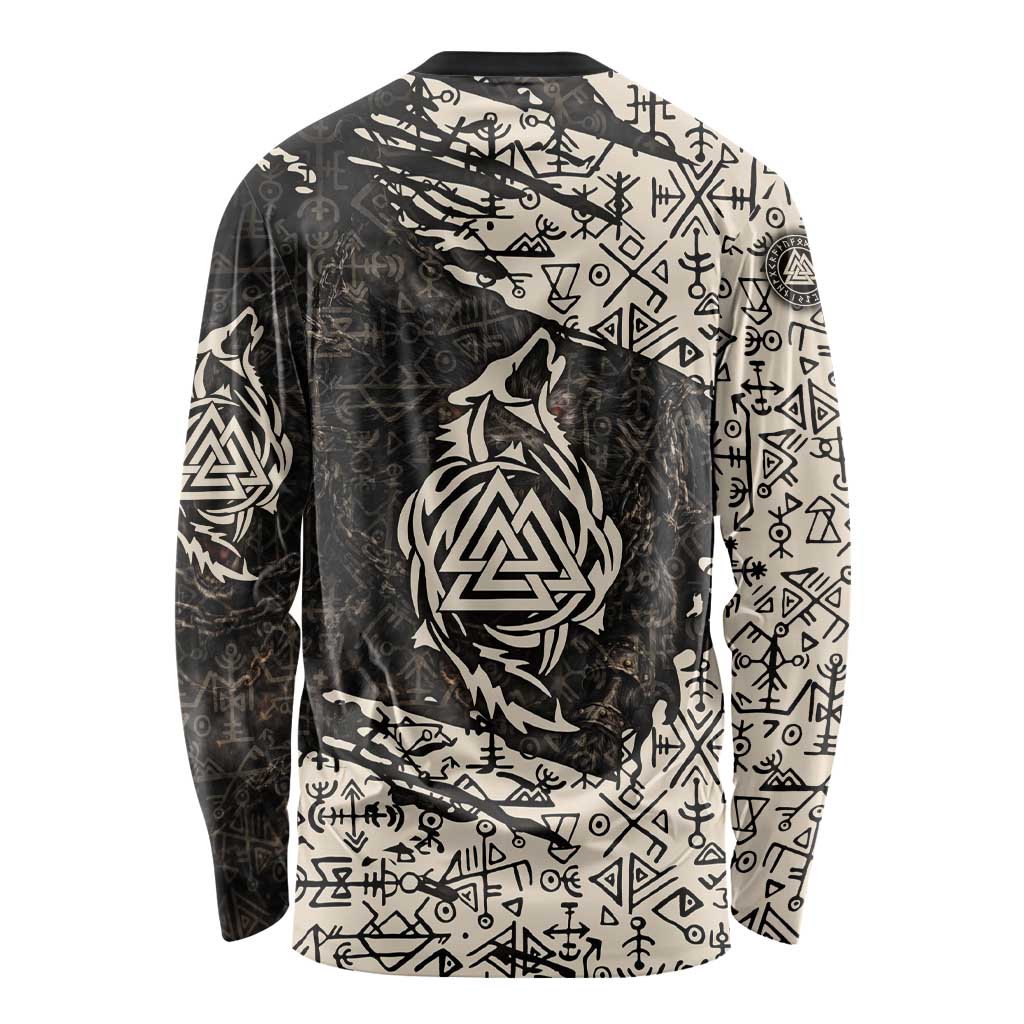 Fenrir Long Sleeve Shirt with Norse Symbols and Howling Wolf Viking Mythology Tribute - Wonder Print Shop