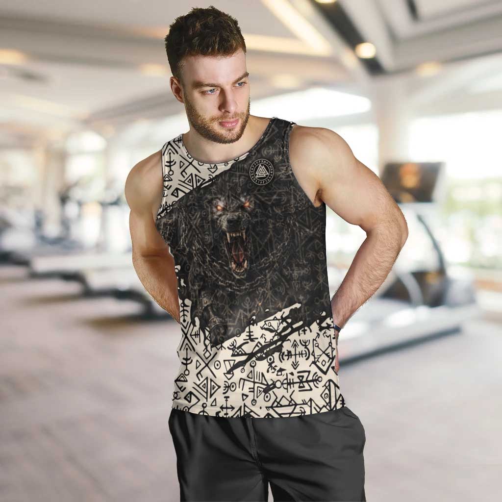Fenrir Men Tank Top with Norse Symbols and Howling Wolf Viking Mythology Tribute - Wonder Print Shop